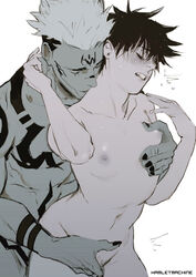 1boy 1girls abs arm_tattoo artist_name blush chest_tattoo clenched_teeth completely_nude eyelashes facial_tattoo female fingering flat_chest forehead_tattoo fushiguro_megumi hamletmachine jujutsu_kaisen kissing_neck male muscular muscular_male nail_polish navel nipples nude pectorals pussy ryoumen_sukuna_(jujutsu_kaisen) short_hair shoulder_tattoo spiked_hair tattoo teeth yaoi rating:Explicit score:92 user:Kisumi