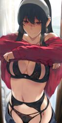 1girls absurd_res assassin black_hair black_lingerie blush breasts deep_navel earrings eye_contact female female_focus female_only garter_belt garter_straps hews_hack high_resolution horny lingerie long_hair looking_at_viewer medium_breasts navel panties red_eyes smile solo spy_x_family standing stiletto_(weapon) stockings thick_thighs thighs thong thorn_princess undressing yor_briar rating:Questionable score:457 user:Mukkypokky