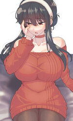 1girls absurd_res bangs bare_shoulders black_hair black_legwear blush breasts choker clavicle clothing dress eyebrows_visible_through_hair female hi_res large_breasts legwear long_sleeves medium_hair open_mouth pantyhose parted_lips red_choker red_eyes red_sweater spy_x_family sweater sweater_dress thighs wakura_(gcdan) yor_briar rating:Questionable score:142 user:WatchTheLanguage