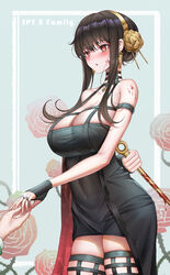 1girls assassin bangs black_hair blood blush breasts cleavage dress flower gloves hair_ornament highres huge_breasts large_breasts long_hair no_bra red_eyes spy_x_family standing stiletto_(weapon) thick_thighs thighhighs thighs thorn_princess weapon yf_(hbyg) yor_briar rating:Questionable score:55 user:sirkagura