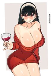 1girls black_hair blush breasts cleavage deep_cleavage drunk female female_only fully_clothed hi_res kuromaru_h kuromaruart large_breasts looking_at_viewer red_eyes solo spy_x_family sweat thighs wide_hips wine wine_glass yor_briar rating:Questionable score:464 user:WatchTheLanguage