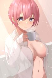 1girls big_breasts blouse blue_eyes blush breasts cleavage coffee_cup collared_shirt cup disposable_cup female female_only go-toubun_no_hanayome highres large_breasts long_hair long_sleeves looking_at_viewer mug nakano_ichika naked_shirt navel open_clothes open_shirt pink_hair shirt short_hair smile solo very_short_hair white_shirt yuruzen rating:Questionable score:76 user:Inthedark