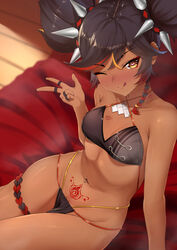 1girls :p ;q bangs bare_arms bare_shoulders bed_sheet bikini black_bikini black_hair blush braid breasts brown_eyes cleavage closed_mouth collarbone criss-cross_halter dark-skinned_female dark_skin dearonnus female female_only from_above genshin_impact halterneck heart heart-shaped_pupils highres indoors jewelry licking_lips long_hair looking_at_viewer looking_up multicolored_hair navel navel_piercing nose_blush on_bed one_eye_closed orange_hair piercing pubic_tattoo red_hair ring side_braid sitting small_breasts solo spikes stomach streaked_hair swept_bangs swimsuit symbol-shaped_pupils tattoo thigh_strap tongue tongue_out twintails xinyan_(genshin_impact) rating:Questionable score:297 user:kris923