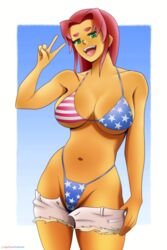 america american_flag_bikini bikini bikini_bottom bikini_top dc dc_comics denim female green_eyes hi_res looking_at_viewer open_mouth orange_skin peace_sign pinup pulling_down_pants red_hair short_shorts smile spotty_arts starfire teen_titans thong v rating:Explicit score:100 user:Spotty_Arts