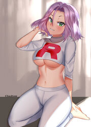 1girls big_breasts chadtow female female_only fully_clothed james_(pokemon) lavender_hair lilac_hair pokemon rule_63 solo underboob yoga_pants rating:Explicit score:141 user:MeloneHead