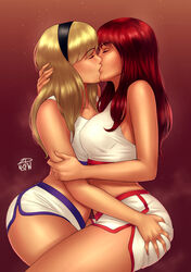 2dnsfw 2dswirl 2girls ass_grab big_ass big_breasts blonde_hair blue_eyes cheerleader_uniform closed_eyes clothed clothing dolphin_shorts erect_nipples female female_only gwen_stacy gwen_stacy_(classic) hairband human kissing lesbian light-skinned_female long_hair making_out marvel mary_jane_watson pale_skin red_hair shiny_hair shorts spider-man_(series) sportswear thick_thighs yuri rating:Questionable score:465 user:Tronitrus