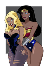 2d 2girls accurate_art_style big_breasts black_canary black_hair blonde_female blonde_hair blue_eyes breasts cleavage dc_comics dcau diana_prince dinah_lance female female_only ghostlessm green_arrow_(series) justice_league_unlimited light-skinned_female ripped_clothing ripped_pantyhose star_earrings wide_hips wonder_woman wonder_woman_(series) rating:Explicit score:242 user:Tronitrus