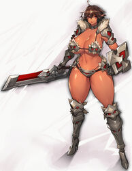 armor armored_boots armored_gloves bare_midriff bare_thighs belly_button bikini_armor breasts brown_eyes brown_hair brown_skin choker cleavage dark-skinned_female dark_elf dark_skin elf elf_ears elf_female female female_focus female_only fur_trim gauntlets gurimjang holding_weapon large_breasts lipstick looking_at_viewer midriff navel navel_line pointy_ears shield standing sword thick_thighs thighs underboob weapon white_background wide_hips rating:Questionable score:117 user:CalZone