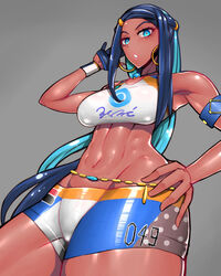 1girls alternate_breast_size big_breasts blue_eyes breasts busty curvaceous curves curvy curvy_body curvy_female curvy_figure dark-skinned_female dark_blue_hair dark_skin female female_focus huge_breasts large_breasts long_hair nessa_(pokemon) pokemon pokemon_ss shorts slim_waist voluptuous wolffeld wolffeld_price rating:Explicit score:122 user:Rancegropor