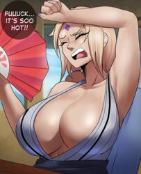 1girls 2023 absurd_res armpits arms_up blonde_hair breasts cleavage closed_eyes dialogue echosaber english_text fan fanning_self female female_only forehead_mark hi_res holding_object huge_breasts long_hair mature_female naruto naruto_(series) naruto_shippuden text tsunade rating:Questionable score:353 user:ZetaReborn