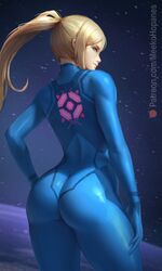 1girls ass blonde_hair blue_eyes bodysuit female female_only looking_at_viewer looking_back meekohopanes metroid nintendo ponytail samus_aran skin_tight smile solo thighs wide_hips zero_suit zero_suit_samus rating:Questionable score:223 user:WatchTheLanguage