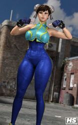 3d 3d_(artwork) big_breasts bodysuit capcom chun-li hagiwara_studio hair_bun hair_buns outdoors outside pointing_at_self solo street_fighter street_fighter_alpha thick_thighs rating:Safe score:47 user:ifs