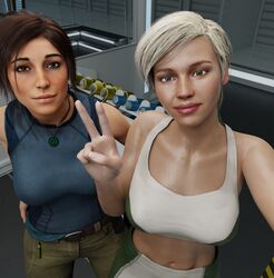 2girls 3d 3d_(artwork) blender blender_(software) blonde_hair blue_eyes brown_eyes brown_hair cassie_cage crossover cute female female_only fully_clothed happy lara_croft lara_croft_(survivor) mortal_kombat mortal_kombat_11 project_vega sensual tomb_raider tomb_raider_(survivor) rating:Safe score:79 user:nikk650