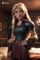  1girls ai_generated armor artist_name astrid_hofferson bed blonde_hair blue_eyes breastplate candle collarbone cowboy_shot dreamworks hand_on_own_hip hi_res how_to_train_your_dragon indoors lips long_hair looking_at_viewer nose on_bed r34arts shoulder_armor solo  rating:explicit score: user:bot