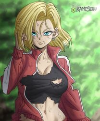 1girls android_18 blonde_hair blue_eyes bob_cut breasts cleavage dirty dirty_face dragon_ball dragon_ball_super female_focus jacket kameseru large_breasts looking_at_viewer navel nipple_slip nipples smile solo torn_clothes torn_jacket track_jacket rating:Explicit score:114 user:Kisumi