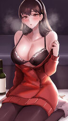 1girls assassin black_hair blush bra cleavage female female_only looking_at_viewer red_eyes solo spy_x_family sweater thorn_princess tommietomm yor_briar rating:Questionable score:211 user:WatchTheLanguage