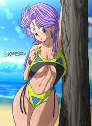 1girls beach blue_eyes blue_nails breasts bulma_briefs bulma_briefs_(post_saiyan_saga) cleavage curvy day dragon_ball dragon_ball_z female_focus kameseru large_breasts long_hair looking_to_the_side nail_polish navel ocean outdoors purple_hair sand solo swimsuit thick_thighs thighs water rating:Questionable score:65 user:Kisumi