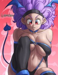 1girls afro breasts bulma_(afro) bulma_briefs choker demon_girl demon_horns demon_tail dragon_ball dragon_ball_z female female_focus groin horns huge_breasts kameseru looking_at_viewer navel purple_hair revealing_clothes solo tail rating:Questionable score:55 user:Kisumi