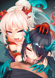 1boy 2girls arknights assisted_fellatio bangs bead_bracelet beads black_hair blue_hair bracelet braid breasts cock_hungry commentary doctor_(arknights) dragon_horns dragon_tail dusk_(arknights) english_commentary eyebrows_visible_through_hair eyes_visible_through_hair fellatio ffm_threesome hair_over_one_eye hand_on_another's_head highres hood hoodie horns jewelry kerasu large_breasts looking_at_viewer male_pubic_hair multicolored_hair multiple_girls nian_(arknights) nipples oerba_yun_fang one_eye_closed open_mouth oral penis pointy_ears ponytail pov pubic_hair purple_eyes red_eyes red_hair ricegnat sexual_coaching side_braid streaked_hair tail teamwork threesome tongue tongue_out tsurime two-tone_hair white_hoodie wince rating:Explicit score:375 user:bot