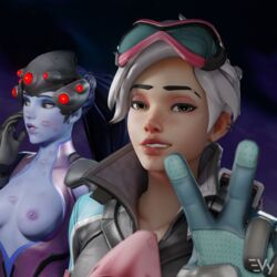 2girls 3d blender blizzard_entertainment blue_skin exposed_breasts eyewear_on_head kiss_mark lipstick lipstick_mark lipstick_on_breast lipstick_on_nipple lipstick_smear lots_of_lipstick_marks nipples overwatch smile smiling_at_viewer tagme tracer v_sign vulpeculy widowmaker yuri rating:Explicit score:200 user:Vulpeculy