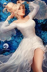 blue_eyes cleavage dress female large_breasts lips mercy momodeary overwatch platinum_blonde_hair seductive solo white_dress rating:Safe score:158 user:Anon_Perv