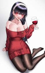 1girls bangs bare_shoulders black_hair blush breasts cleavage drunk eternity_(shadeh) female female_focus hairband highres large_breasts long_hair long_sleeves looking_at_viewer open_mouth red_eyes sidelocks smile solo spy_x_family thighs wine wine_glass yor_briar yor_forger rating:Questionable score:110 user:AutumnAlex