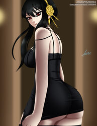 1girls aramyx ass ass_visible_through_clothes back_view big_ass black_dress black_hair clothed dress dress_pull dress_tug eyeliner female female_only flower_in_hair lipstick looking_at_viewer looking_back minidress red_eyes solo spy_x_family thighhighs tight_clothing tight_dress underass yor_briar rating:Questionable score:35 user:Zomdra