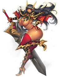 1girls amber_eyes armor armored_boots armored_gloves bangs bare_ass bare_midriff bare_thighs barely_visible_genitalia belly_button big_ass black_hair breasts claymore_(sword) cleavage dark-skinned_female dark_elf dark_skin elf elf_ears elf_female fat_ass female female_focus female_only gold_heels gurimjang hair_ornament hand_on_hip heel_boots heels hime_cut holding holding_object holding_weapon large_ass large_breasts lipstick long_hair long_sleeves midriff navel navel_line pauldrons pointy_ears shoulder_pads side_view sideboob sword thick_ass thick_thighs thighhighs thighs underboob weapon rating:Questionable score:93 user:CalZone