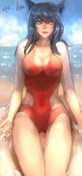 1girls ahri animal_ears beach black_hair breasts cameltoe cleavage covered_navel cute_fang female fox_ears fox_tail highres hip_vent league_of_legends multiple_tails one-piece_swimsuit parted_lips red_one-piece_swimsuit red_swimsuit seuyan smile solo swimsuit tail thigh_gap vastaya whisker_markings yellow_eyes rating:Questionable score:66 user:Lunacy