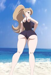  amy_(ninjala) ass beach big_ass big_breasts big_butt blonde_hair blue_swimsuit bubble_butt eyewear female female_focus female_only glasses hourglass_figure kandiibox looking_at_viewer looking_back looking_down ninjala ocean pink_eyes ponytail presenting_ass sand standing swimsuit swimwear viewed_from_below water  rating:explicit score: user:8inchbanana