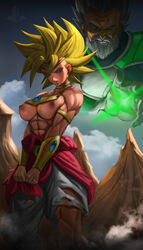 1boy 1girls abs armband armor beard big_breasts blonde_hair blue_eyes bracers breasts circlet collar dragon_ball dragon_ball_super ear_piercing earrings elitenappa female female_saiyan kale legendary_super_saiyan looking_at_viewer male missing_eye muscular_female nipples paragus piercing saiyan smile smirk super_saiyan thick_thighs topless torn_clothes torn_clothing rating:Explicit score:218 user:Rex_Hollins