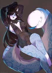 2019 animal_genitalia anthro areola artist_name balls barefoot biped black_hair black_nose blue_body blue_eyes blue_fur breasts claws clothed clothing digital_media_(artwork) dress feet felid fully_sheathed fur futanari genitals grey_background gynomorph hair hands_behind_head heterochromia hi_res hindpaw intersex long_hair mammal navel nipples pantherine paws purple_eyes rosettes shaded sheath simple_background snow_leopard solo tail_mouth toe_claws translucent translucent_clothing translucent_dress unusual_anatomy unusual_tail white_body white_fur zetsuboucchi rating:Explicit score:35 user:bot