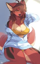 anthro armpits big_breasts black_tongue breasts brown_hair chest_tuft cleavage eyebrows_visible_through_hair eyelashes female franchesca franchesca_(garasaki) furry hoodie open_mouth open_shirt panties shirt suurin_(ksyaro) tank_top tear teeth yawn yellow_eyes zipper zipper_down rating:Questionable score:93 user:Rapattack12