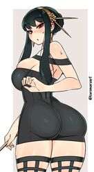 1girls ass assassin black_hair blush breasts dress female female_only hi_res kuromaruart large_breasts looking_at_viewer looking_back red_eyes sideboob solo spy_x_family stiletto_(weapon) thorn_princess yor_briar rating:Questionable score:102 user:WatchTheLanguage