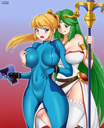 2girls absurd_res arm_between_breasts big_breasts blonde_hair blue_background blue_eyes bodysuit breast_grab breasts cleavage clothed clothing deviantart dress duo eyebrows eyebrows_visible_through_hair fanbox_reward female female/female female_only gradient_background green_eyes green_hair groping groping_breasts gummslime gumroad gun hi_res holding_object holding_weapon kid_icarus large_breasts laurel_crown laurel_wreath licking_lips light-skinned_female light_skin long_hair metroid multiple_girls nintendo open_mouth palutena patreon ponytail red_background samus_aran staff standing super_smash_bros. super_smash_bros._ultimate surprised thick_thighs tight_clothing very_long_hair weapon wide_hips yuri zero_suit zero_suit_samus rating:Questionable score:31 user:videlpussyslayer