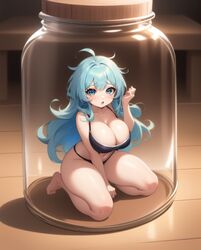 1girls ai_generated big_breasts breasts cleavage curvy eyebrows_visible_through_hair female female_only hourglass_figure jar navel on_knees rocksolidart solo solo_female thick_thighs very_long_hair wide_hips rating:Questionable score:22 user:Civilized_Worm