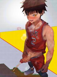 1boy basketball basketball_uniform bathroom erection gay male male_only peeing penis solo tagme urine rating:Explicit score:63 user:Tenma54