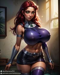 1girls ai_generated alien alien_girl big_breasts big_eyes dc dc_comics female female_focus female_only green_eyes koriand'r looking_at_viewer massive_breasts nipple_bulge red_hair short_skirt stable_diffusion starfire superheroine teen_titans thick_thighs tight_clothing top_heavy winterzone rating:Questionable score:129 user:winterzone