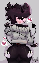 1boy big_ass big_balls big_butt black_eyes brown_hair bubble_butt cute dani_(danielito) danielito dat_ass demon_boy demon_horns demon_tail femboy heart male_only mob_face nervous oc original_character simple_background rating:Explicit score:133 user:KilerTheDemon