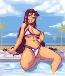 1girls 2024 beach_background bikini blackfire blush breasts cartoon_network dc dc_comics female female_focus female_only flashing flashing_breasts foot_in_water heart komand'r l0ngsword long_hair looking_at_viewer navel nipples pierced_nipples pool poolside purple_bikini purple_eyes purple_hair solo striped_bikini striped_swimsuit swimsuit teen_titans thick_thighs thighs water white_bikini rating:Explicit score:113 user:GMD8693