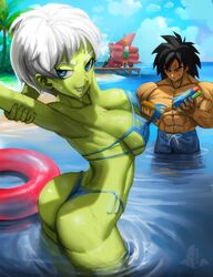 1boy 1girls ass beach bikini blue_eyes breasts broly broly_(dragon_ball_super) cheelai cleavage dragon_ball dragon_ball_super elitenappa female green_skin large_breasts partially_submerged swimsuit thighs water white_hair rating:Questionable score:229 user:WatchTheLanguage