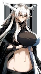 arknights big_breasts blush curvy embarrassed exposing_self gin_moku horns huge_breasts lifting_clothing long_hair looking_down mature_female midriff pale-skinned_female pale_skin pointy_ears robe shining_(arknights) silver_hair wide_hips rating:Questionable score:94 user:Yuron