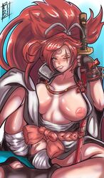 1girls 2022 areolae baiken breasts breasts_out clitoris face_markings facial_mark female female_only guilty_gear holding_weapons large_breasts long_hair nipples one_eye_closed pink_hair ponytail pussy raphaeru red_eyes scar scar_across_eye sitting smile solo thick rating:Explicit score:29 user:vagabond512