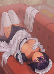 big_breasts black_hair couch konbu_wakame laying_down laying_on_back lilith_(saikin_yatotta_maid_ga_ayashii) maid maid_headdress maid_uniform purple_eyes saikin_yatotta_maid_ga_ayashii sample tan_skin watermark rating:Questionable score:186 user:red3301