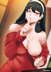 1girls areolae assassin big_breasts black_hair breasts hi_res looking_at_viewer nipples one_breast_out pinkseito red_eyes red_sweater smile spy_x_family sweater teasing thorn_princess wink yor_briar rating:Questionable score:182 user:crazybaby