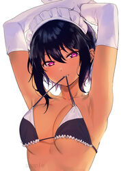 armpits big_breasts bikini bikini_top black_hair hands_over_head konbu_wakame lilith_(saikin_yatotta_maid_ga_ayashii) long_gloves maid maid_headdress purple_eyes saikin_yatotta_maid_ga_ayashii sample tan_skin watermark rating:Questionable score:243 user:red3301