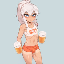 1boy beer blue_eyes blush cody_(dross) crop_top femboy femboy_hooters hooters jtveemo male male_only petite ponytail shorts sidelocks sissy solo_focus tanline trap white_hair rating:Questionable score:308 user:rhodbastian