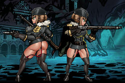 big_breasts darkest_dungeon green_eyes hair_bun hat musket musketeer_(darkest_dungeon) niur pistol sex_toy short_hair vibrator vibrator_in_pussy vibrator_in_thighhighs rating:Questionable score:19 user:Pyane