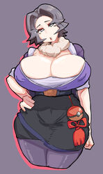 1girls belt belt_buckle big_breasts black_skirt breasts charm_(pokemon) eyeshadow fur_collar fur_trim game_freak gray_eyes gray_hair grey_hair half-closed_eyes hand_on_hip leebongchun light-skinned_female light_skin lips lipstick miss_fortune_sisters navel_visible_through_clothes nipple_bulge omatsu_(pokemon) pokeball pokemon pokemon_legends:_arceus red_eyeshadow red_lips red_lipstick short_hair shou-chiku-bai skirt stockings tassel thick_thighs thighs tight_clothing tight_skirt voluptuous rating:Explicit score:124 user:Drabeast99