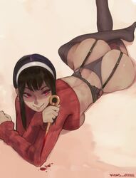 1girls ass assassin big_ass big_butt black_hair butt dat_ass fat_ass female female_only fidus garter_belt large_ass lying on_stomach panties red_eyes solo solo_female spy_x_family stiletto_(weapon) thick thick_ass thighhighs thorn_princess voluptuous yor_briar rating:Questionable score:108 user:dedc23